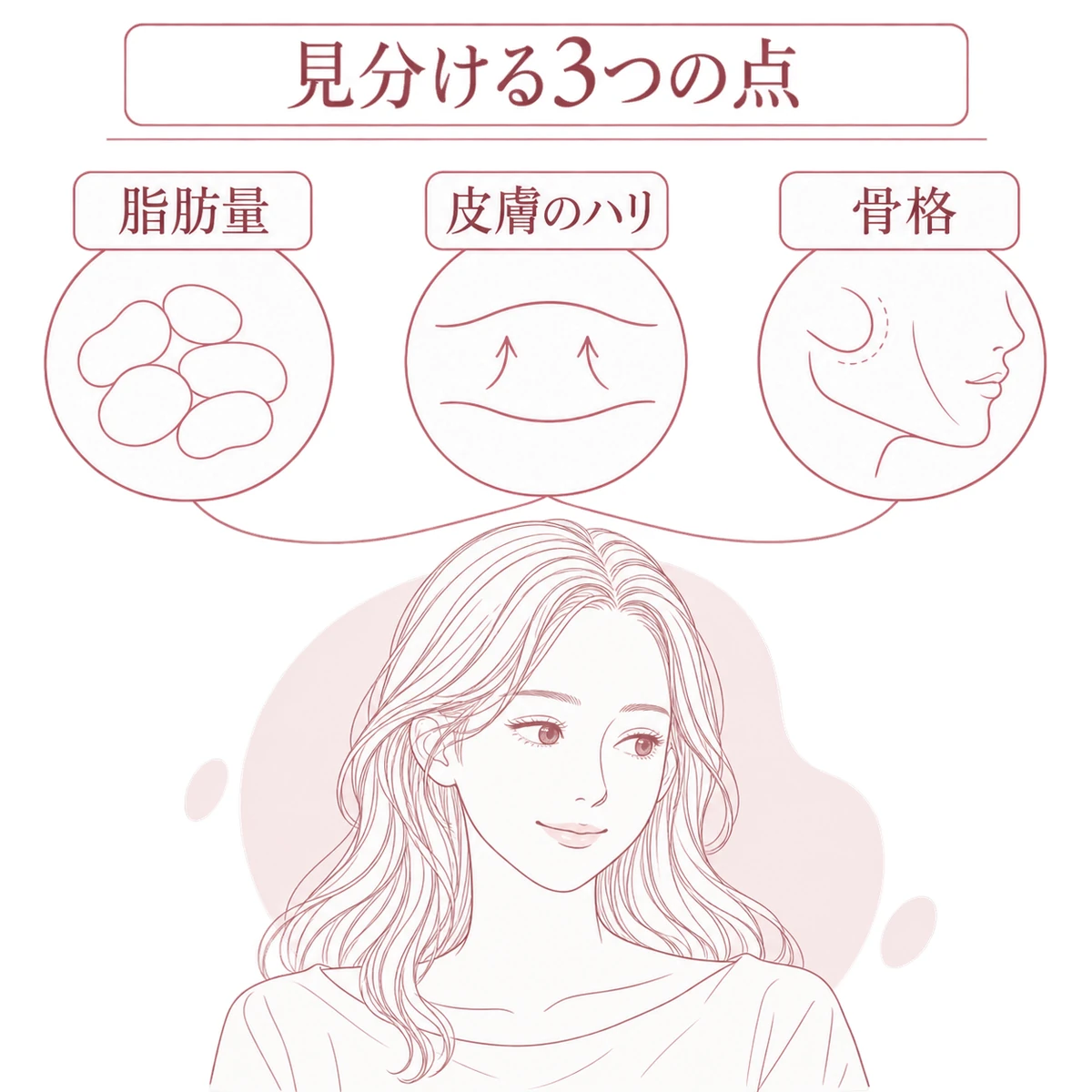 メーラーファット除去の適応を脂肪量、皮膚のハリ、骨格の3点から検討する図